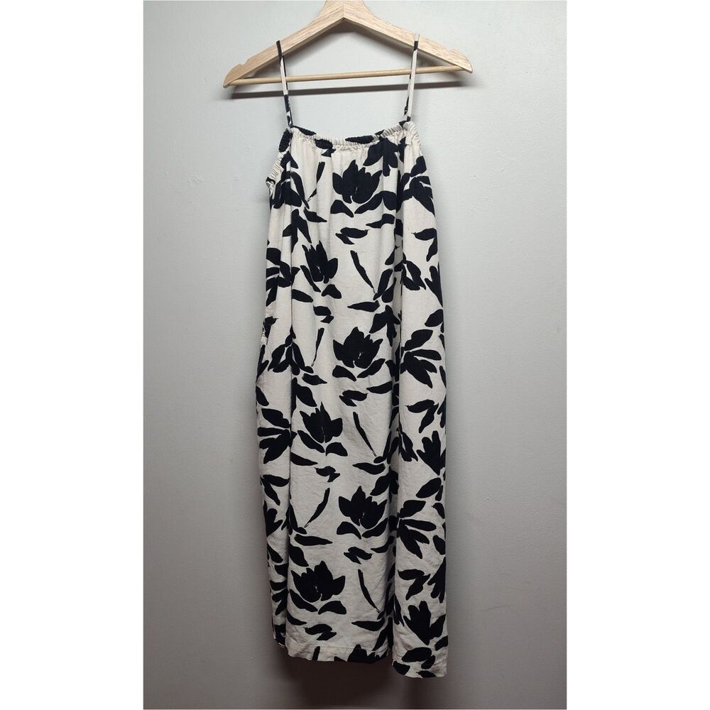 A New Day Linen Mini Dress Women M Cream Black Sleeveless Resort Summer Vacation